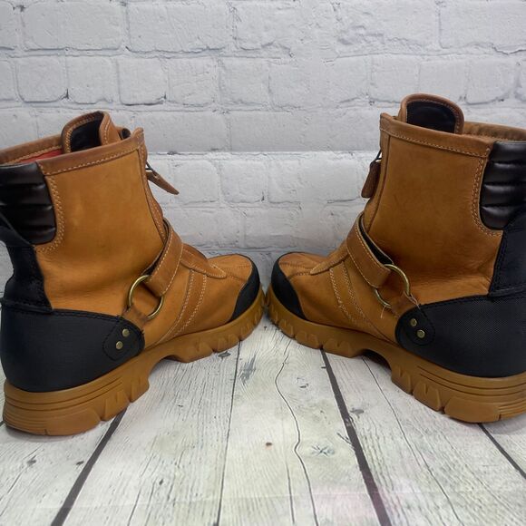 VTG Polo Ralph Lauren Sports Boots Tan Duck Leather Double Zip Strap Hunt Shoes - Picture 6 of 16